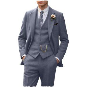 Men's Denim Blue 3 Piece Slim Fit Herringbone Suit Groom Tuxedo Wedding Set